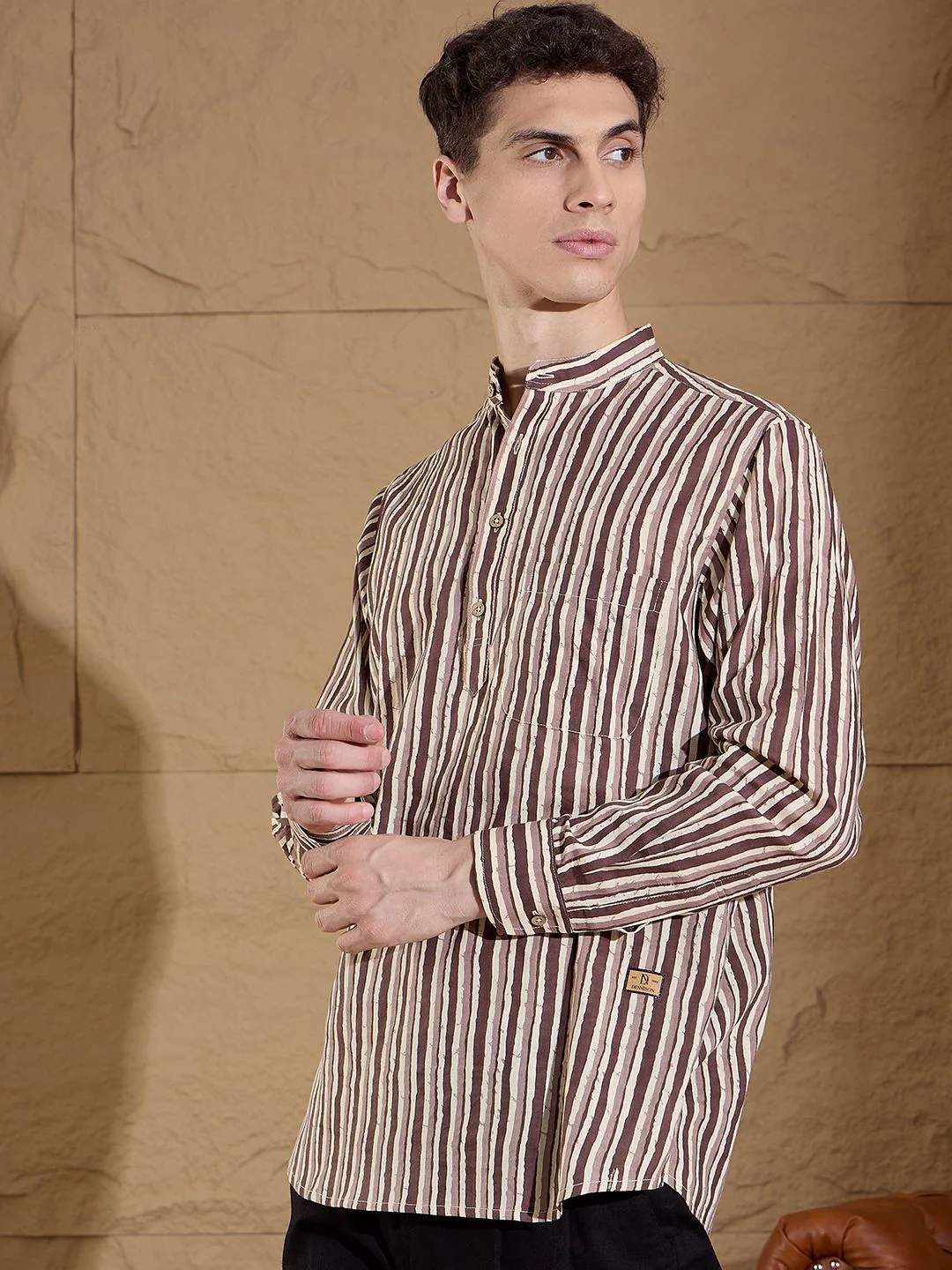DENNISON Striped Printed Pure Cotton Band Collar Straight Kurta - Image 3