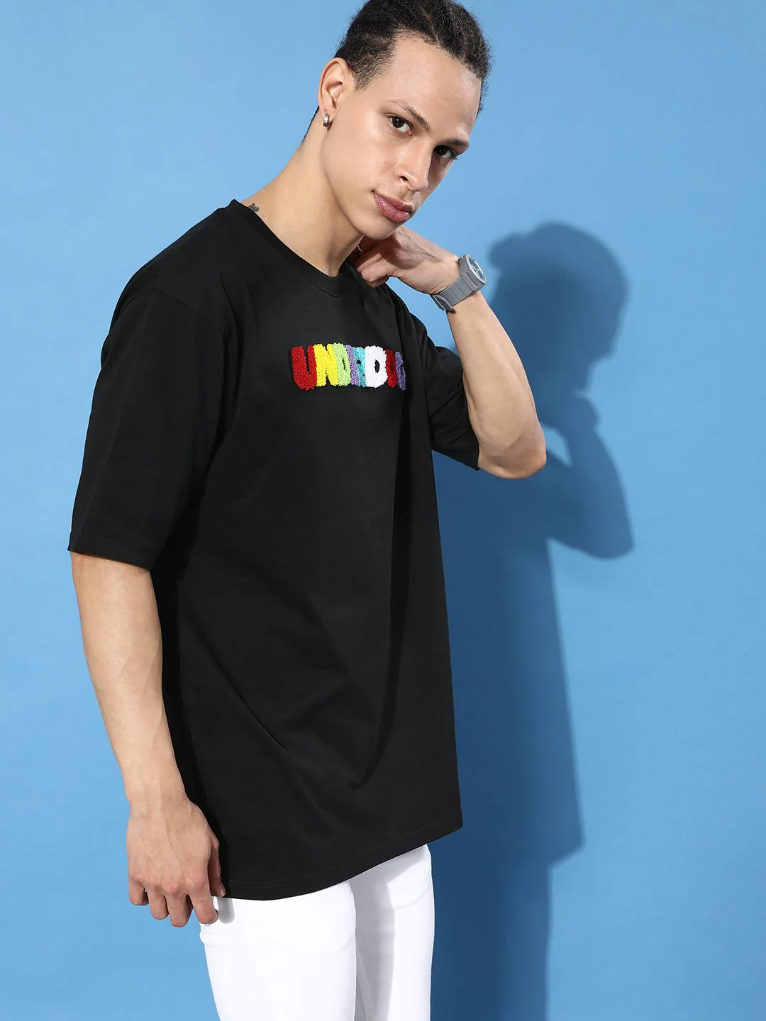 Difference of Opinion Men Black Typography Embroidered Oversize Pure Cotton Longline T-shirt - Image 3