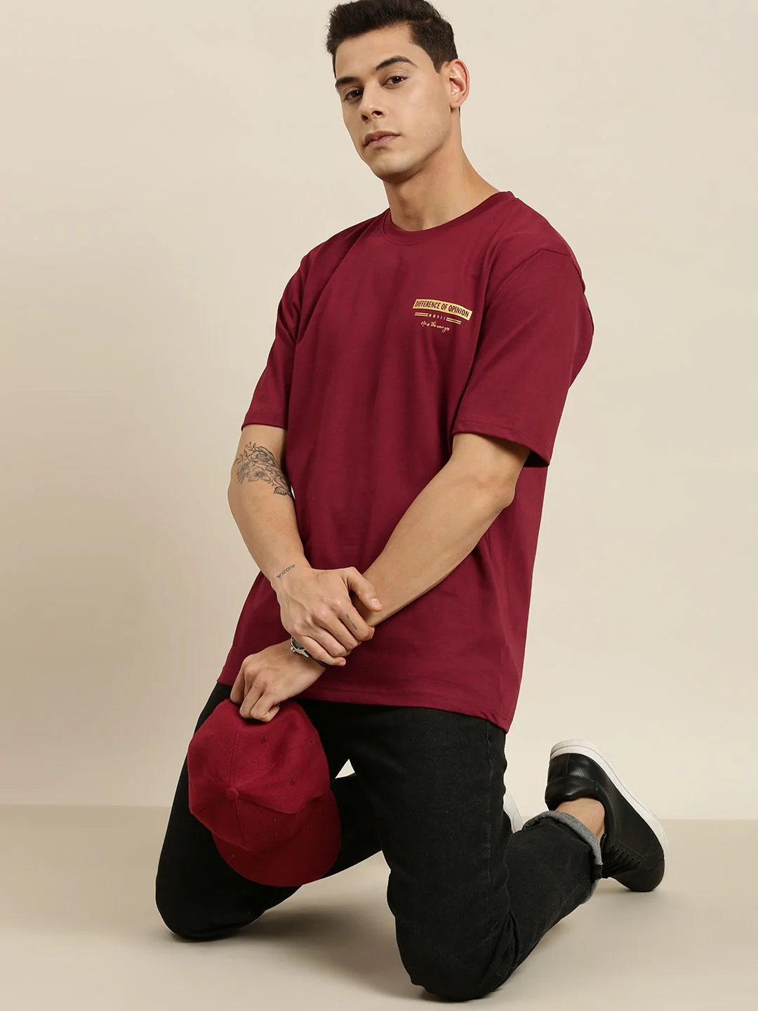 Difference of Opinion Men Maroon & Yellow Cotton Printed Drop-Shoulder Oversized T-shirt - Image 4