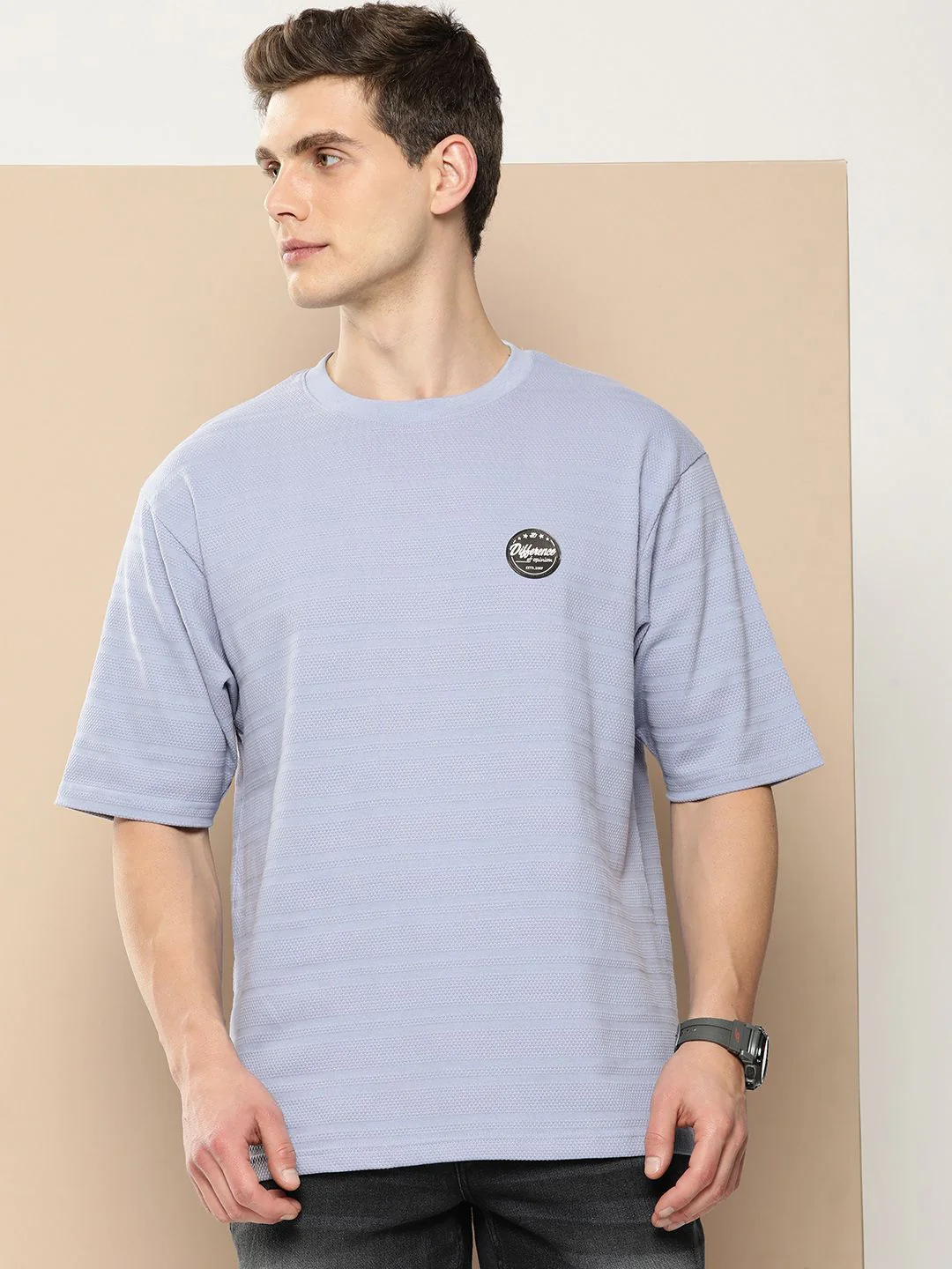 Difference of Opinion Men Self Design Applique Oversized T-shirt - Image 3