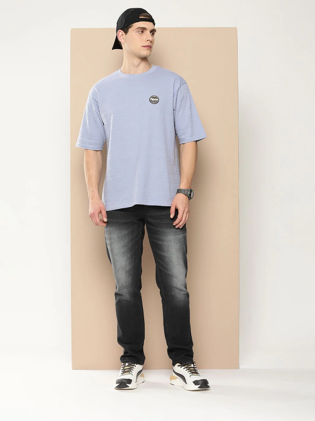 Difference of Opinion Men Self Design Applique Oversized T-shirt - Image 4