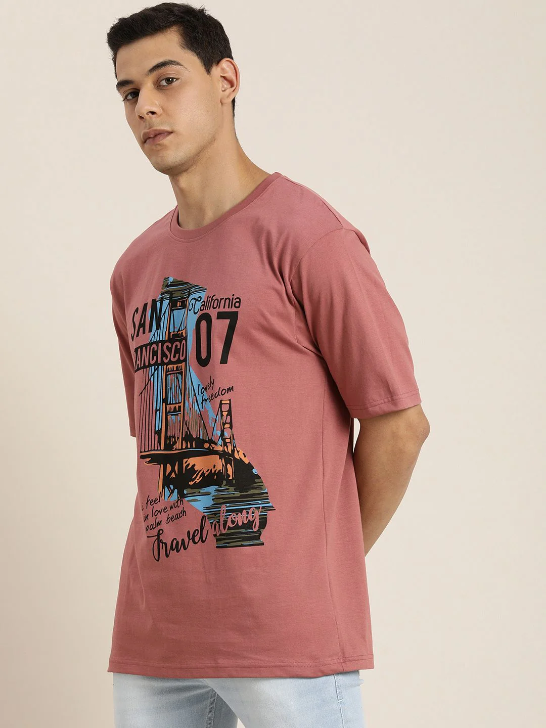 DILLINGER Men Dusty Pink Printed Pure Cotton Loose Oversized T-shirt - Image 3