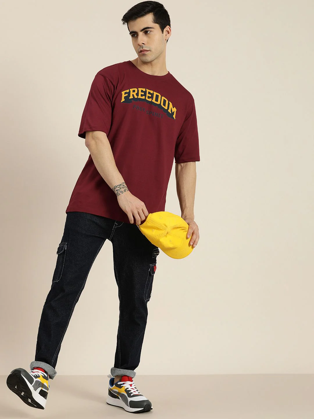 DILLINGER Men Maroon & Yellow Typography Printed Drop-Shoulder Sleeves Pure Cotton Oversized T-shirt - Image 4