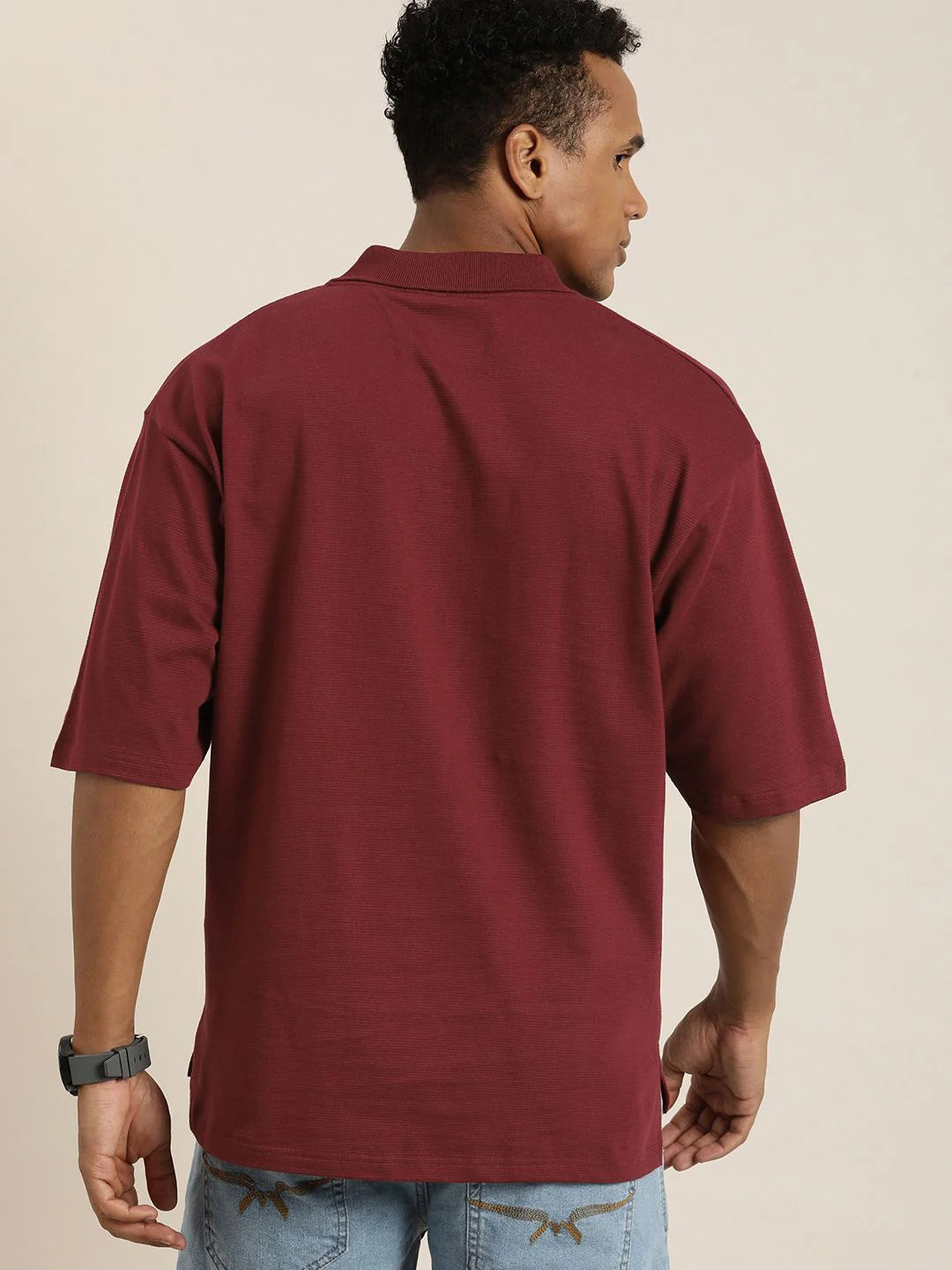 DILLINGER Men Solid Honeycomb Structure Oversized Pure Cotton Polo T-Shirt - Image 5