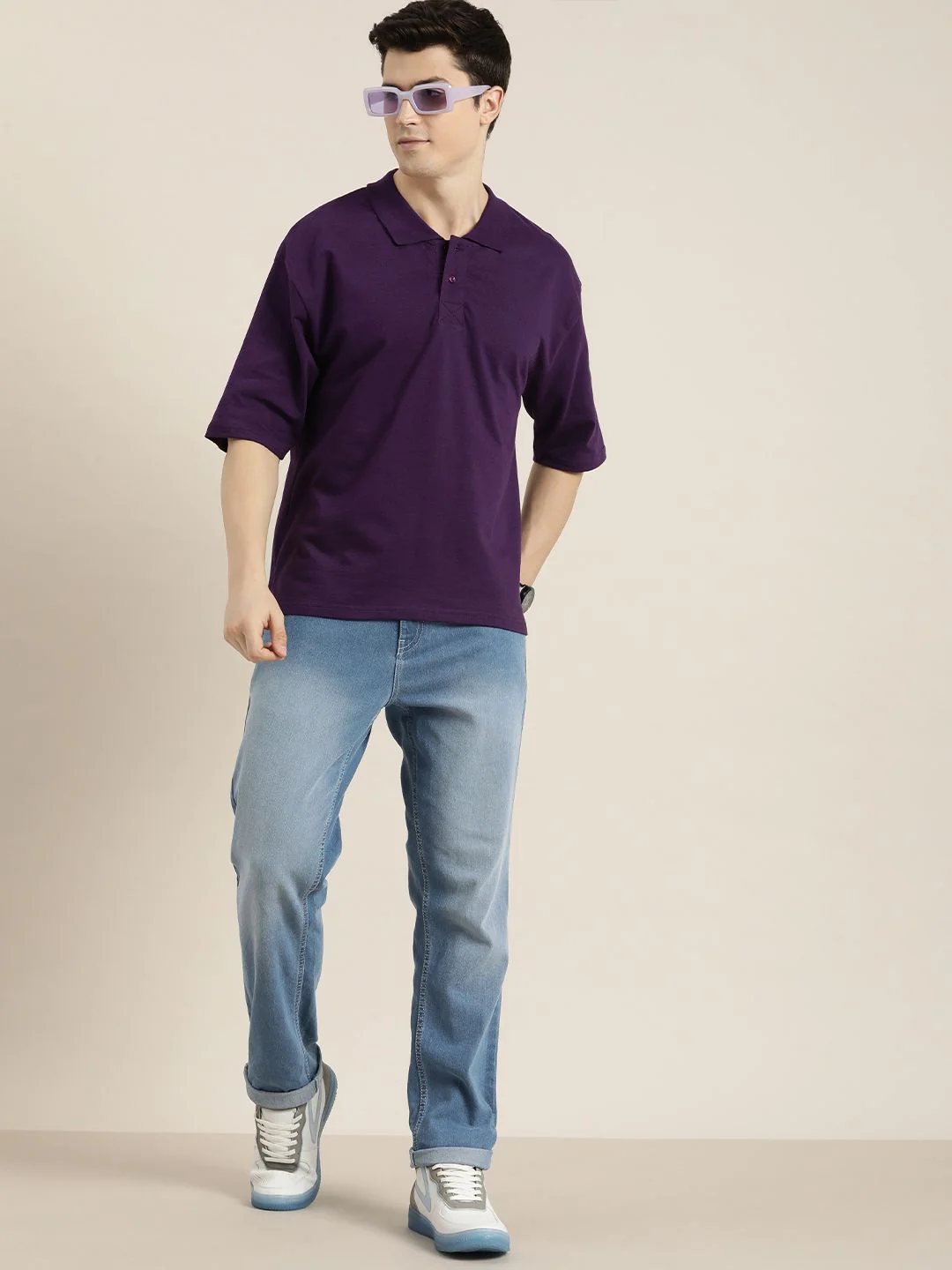 DILLINGER Men Solid Honeycomb Structure Oversized Cotton Polo T-Shirt - Image 4