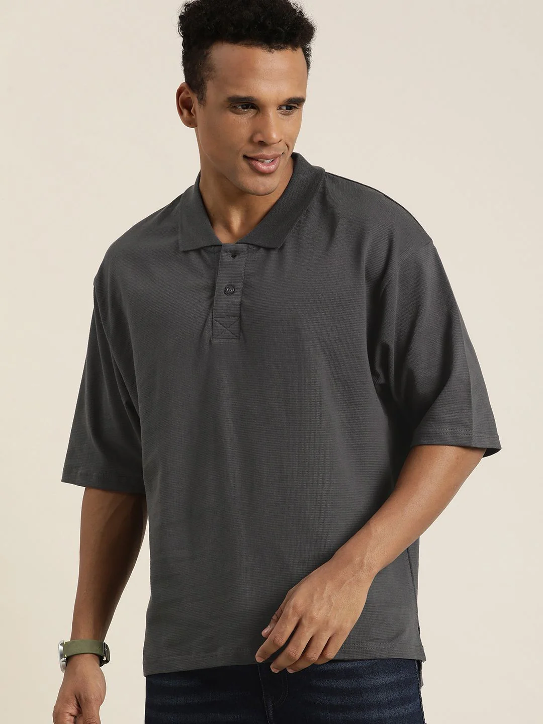 DILLINGER Men Solid Honeycomb Structure Oversized Cotton Polo T-Shirt - Image 3