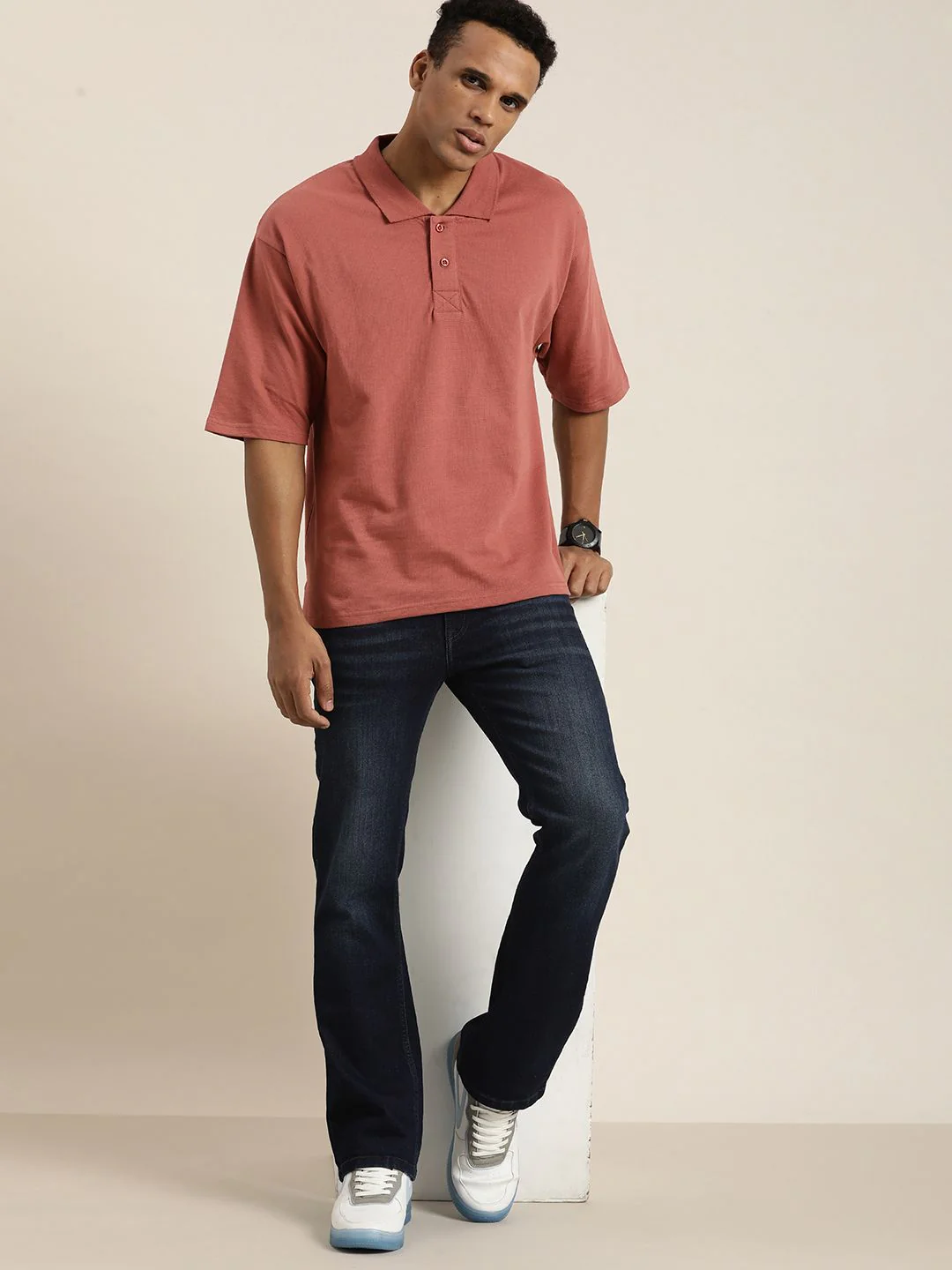DILLINGER Men Solid Honeycomb Structure Oversized Cotton Polo T-Shirt - Image 4