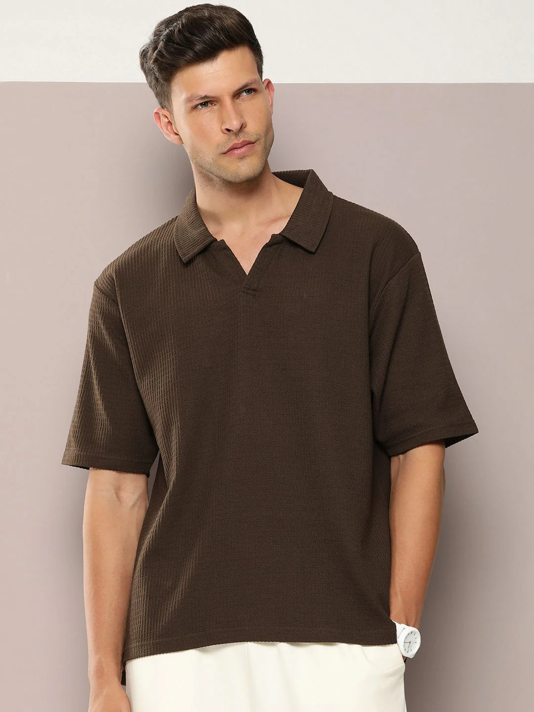 DILLINGER Men Waffle Structure Self Design Oversized Polo Collar T-shirt - Image 3