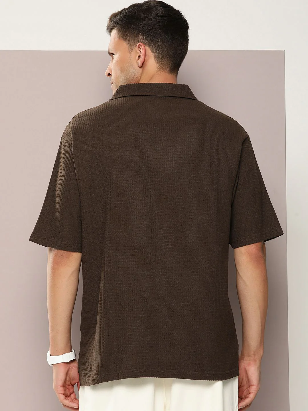 DILLINGER Men Waffle Structure Self Design Oversized Polo Collar T-shirt - Image 5