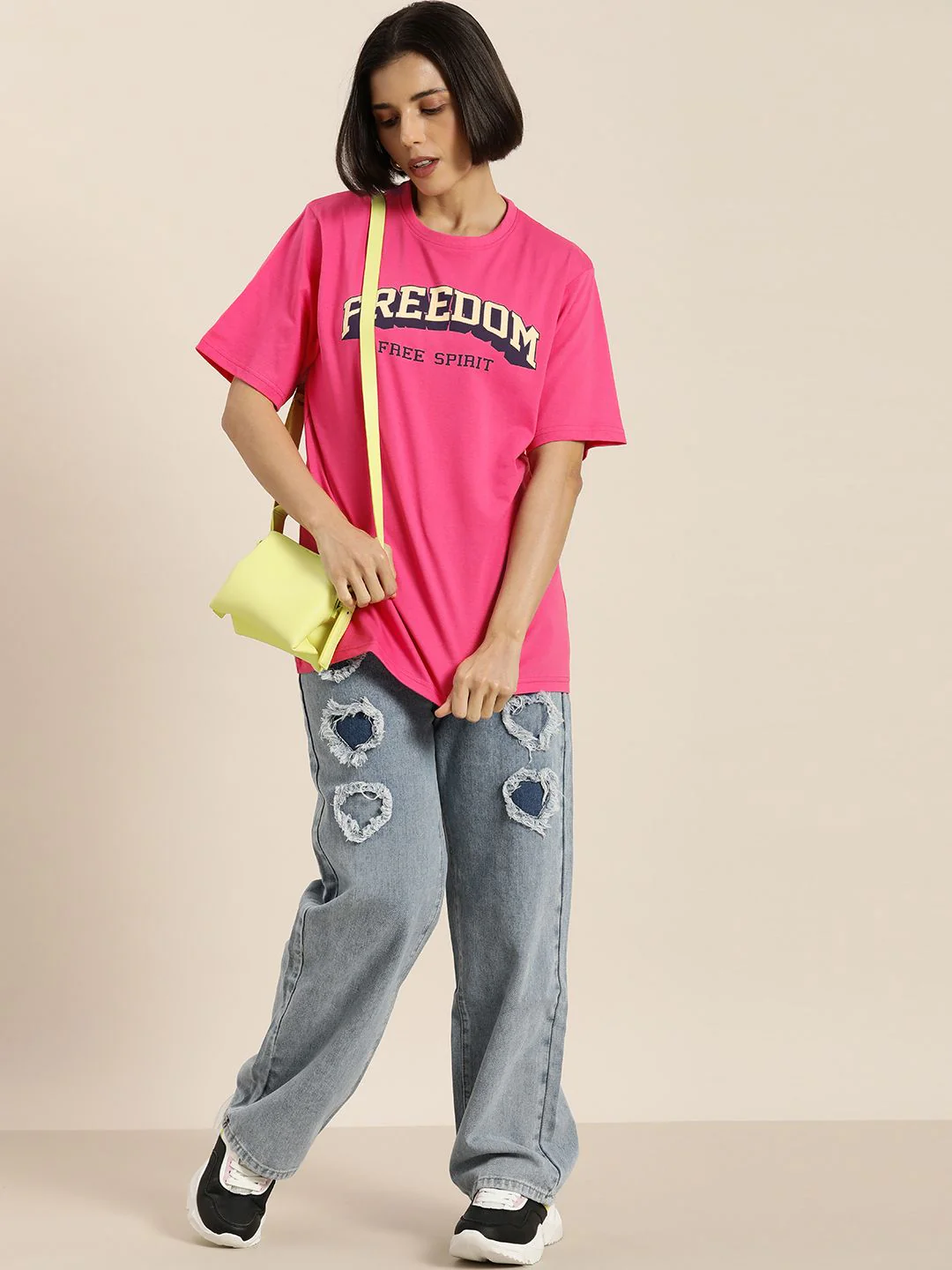 DILLINGER Women Pink & Cream-Coloured Typography Pure Cotton Oversized T-shirt - Image 6