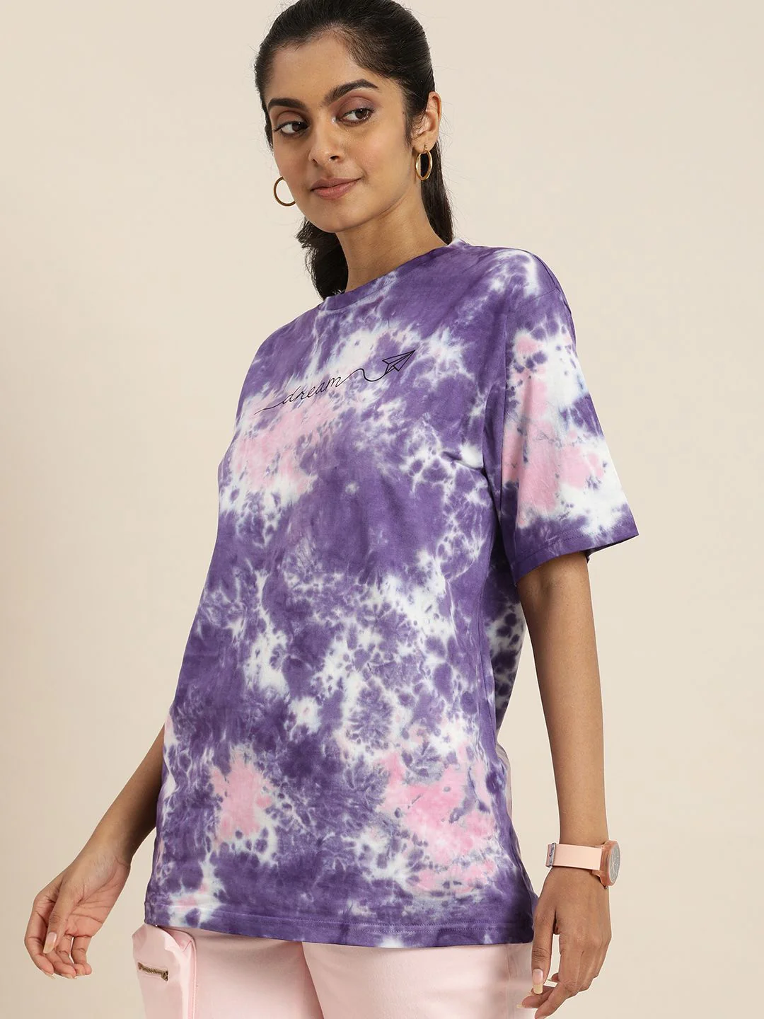 DILLINGER Women Purple White Tie and Dye Drop-Shoulder Sleeves Oversized Pure Cotton T-shirt - Image 3
