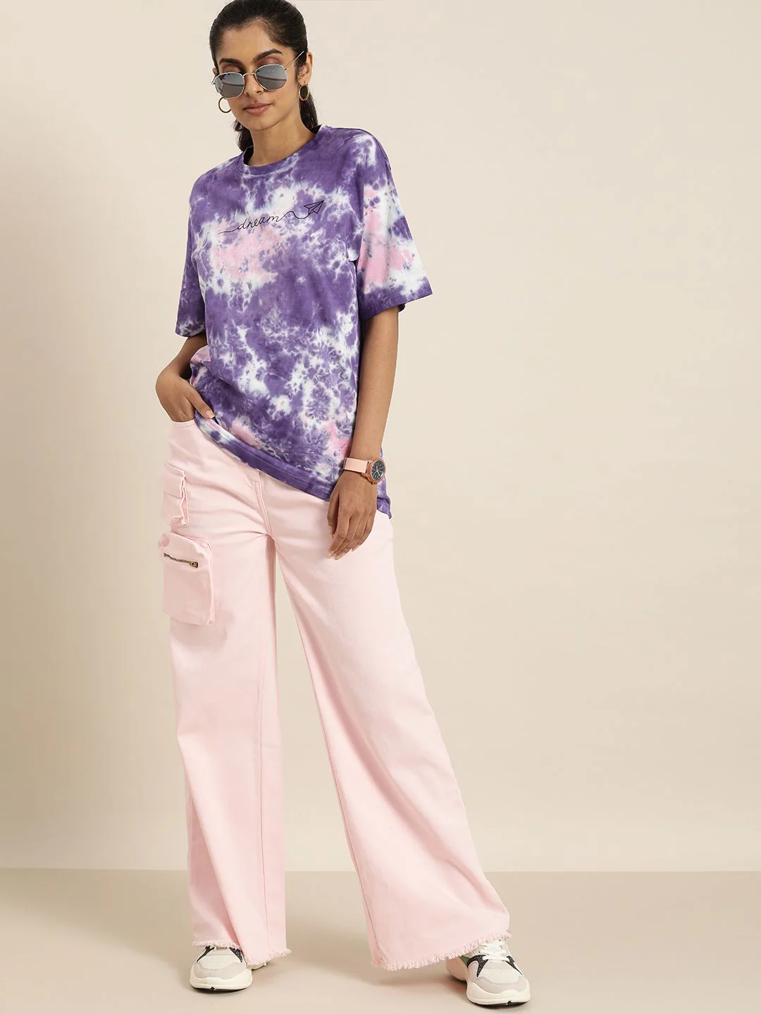 DILLINGER Women Purple White Tie and Dye Drop-Shoulder Sleeves Oversized Pure Cotton T-shirt - Image 4