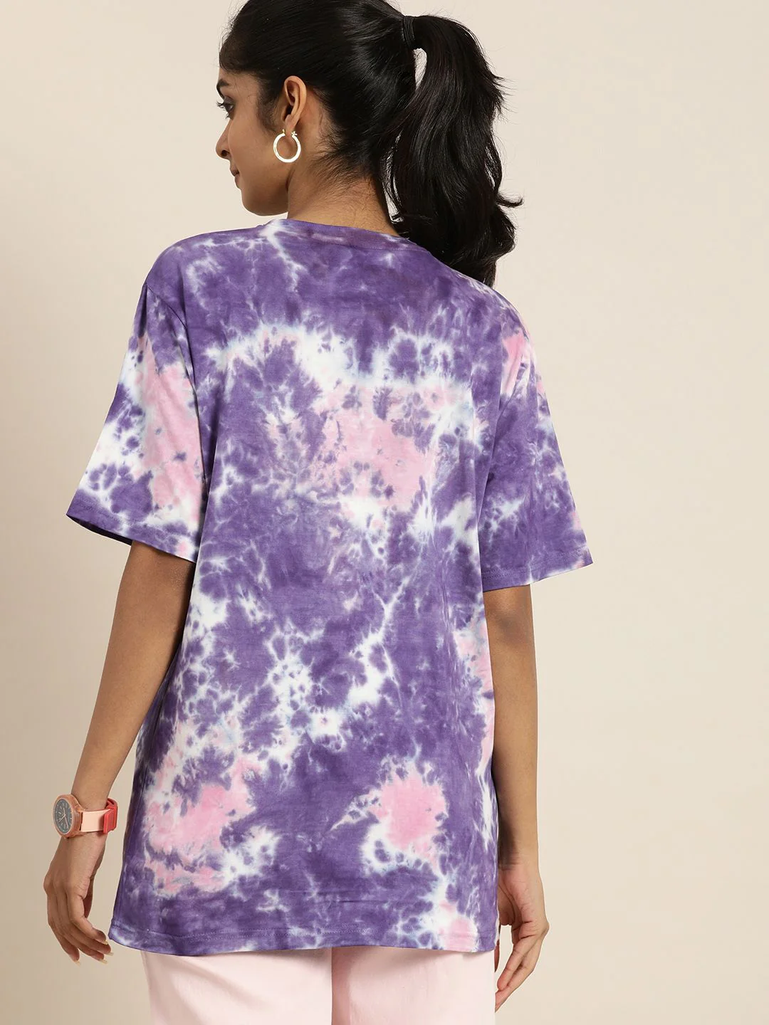 DILLINGER Women Purple White Tie and Dye Drop-Shoulder Sleeves Oversized Pure Cotton T-shirt - Image 5