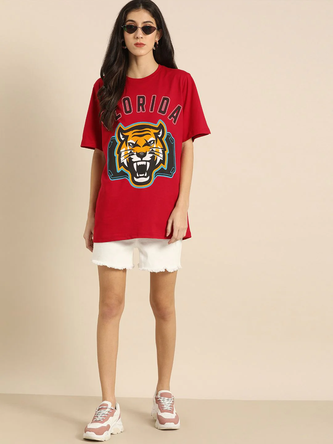 DILLINGER Women Red Printed Round Neck  Longline Oversized Pure Cotton T-shirt - Image 4