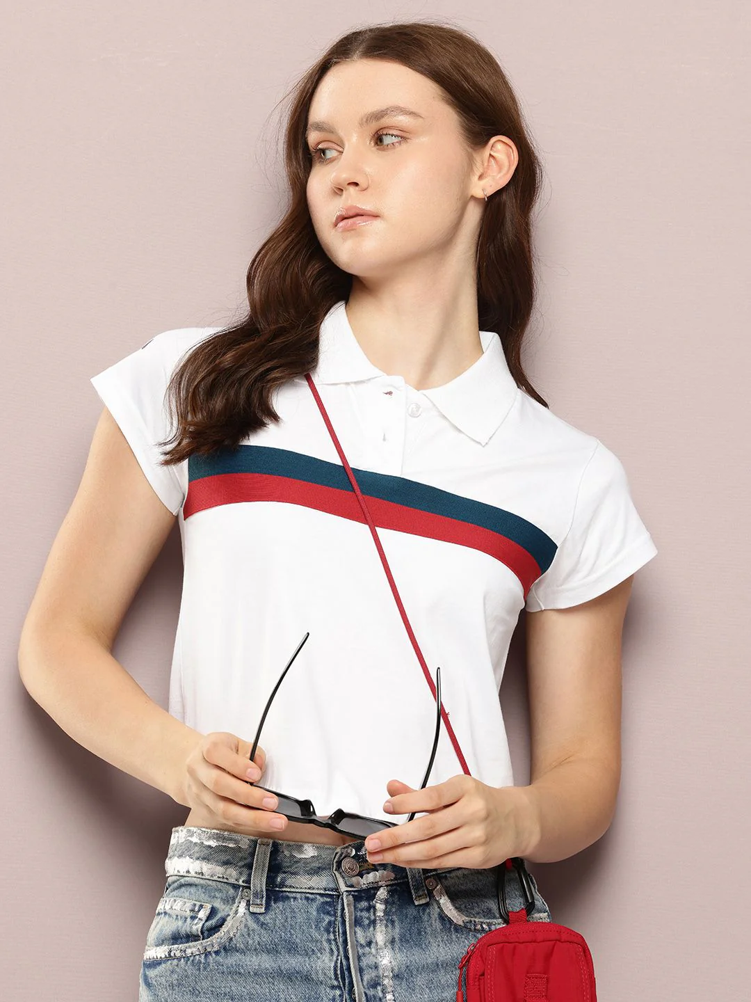 DILLINGER Women Regular Cropped Self Design Polo Tshirt