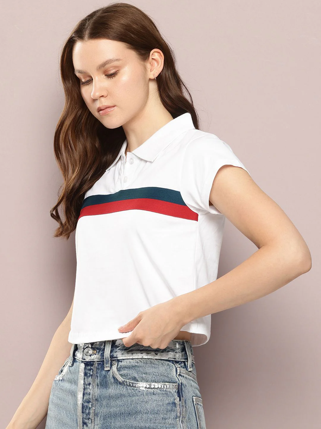 DILLINGER Women Regular Cropped Self Design Polo Tshirt - Image 3