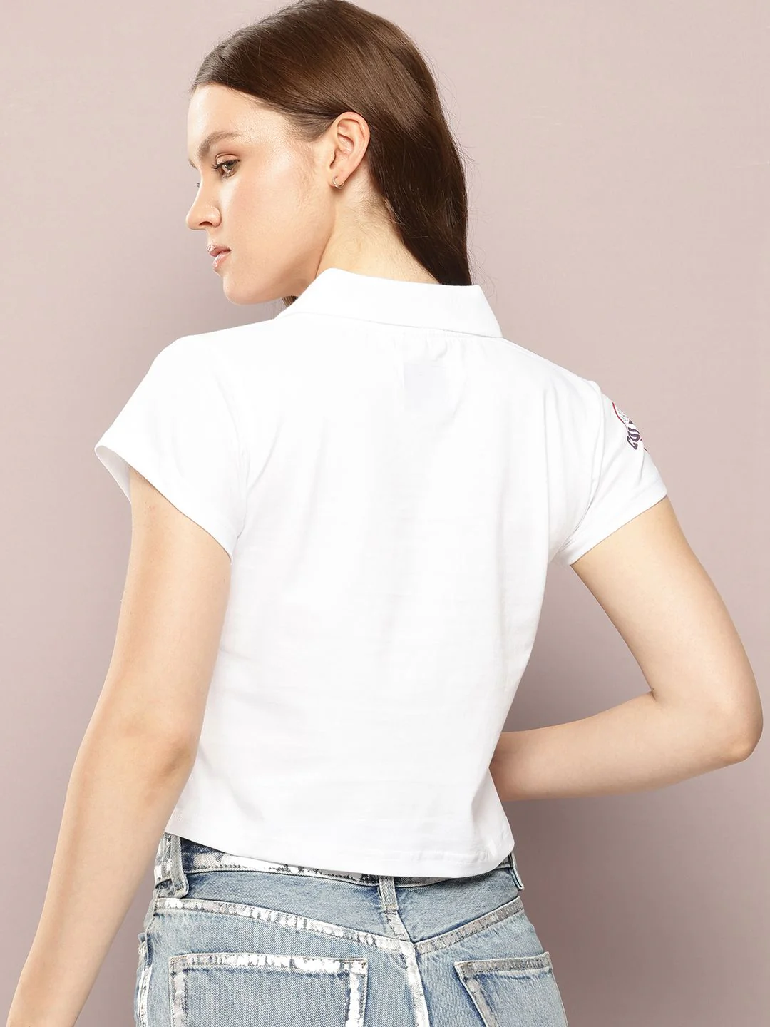 DILLINGER Women Regular Cropped Self Design Polo Tshirt - Image 5