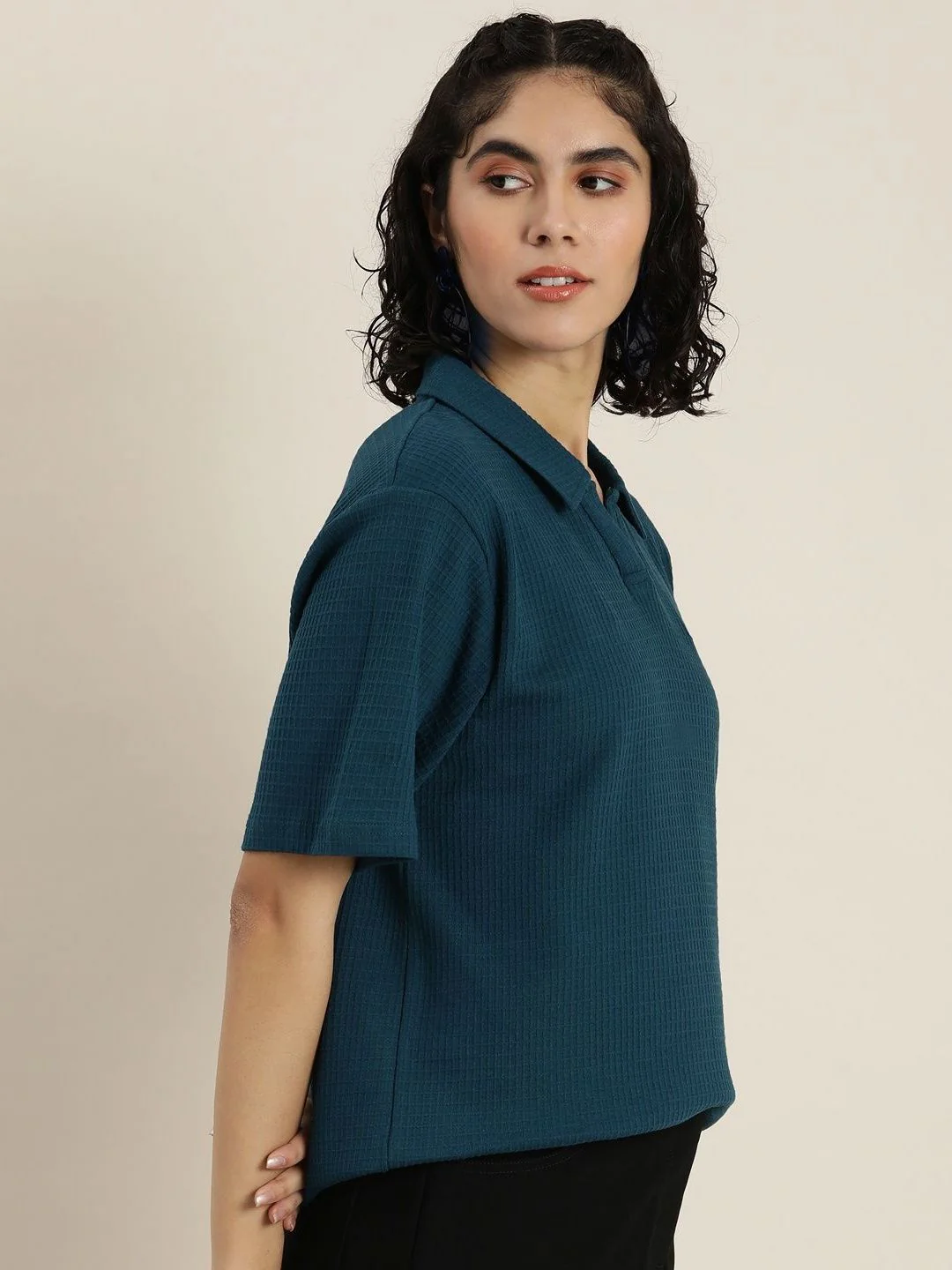 DILLINGER Women Self Design Polo Collar Cotton Oversized T-Shirt - Image 3