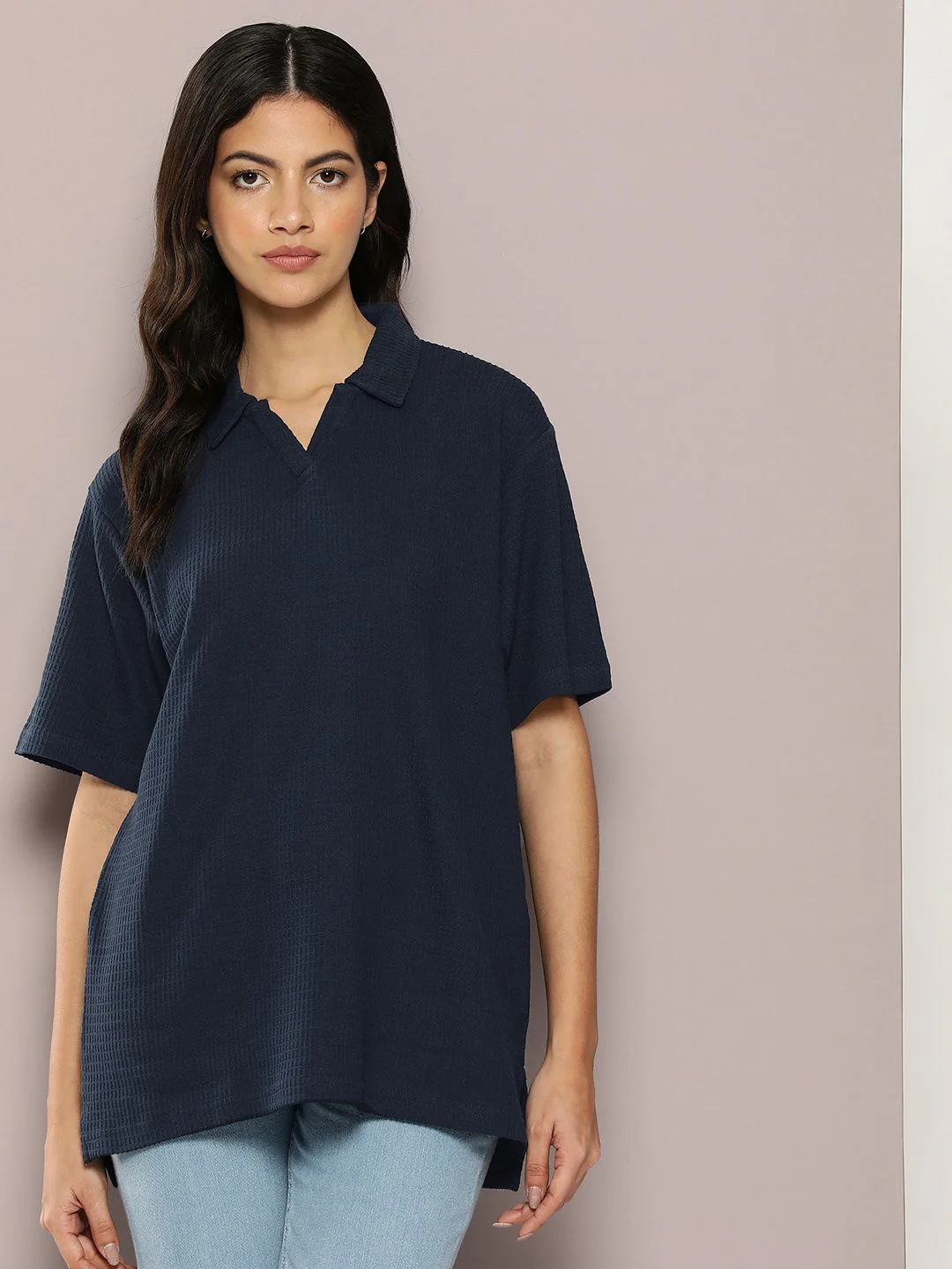 DILLINGER Women Waffle Structure Oversized Polo Collar T-shirt - Image 3