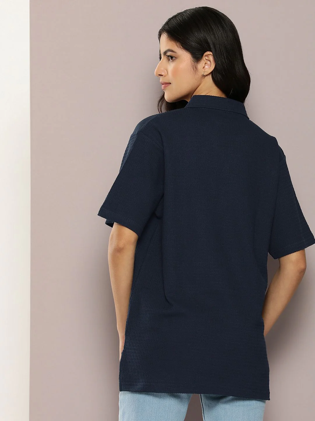 DILLINGER Women Waffle Structure Oversized Polo Collar T-shirt - Image 5