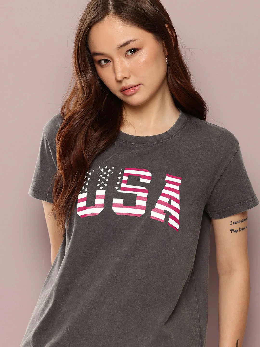DILLINGER Women's Acid Washed Boxy Fit Varsity Printed Tshirt