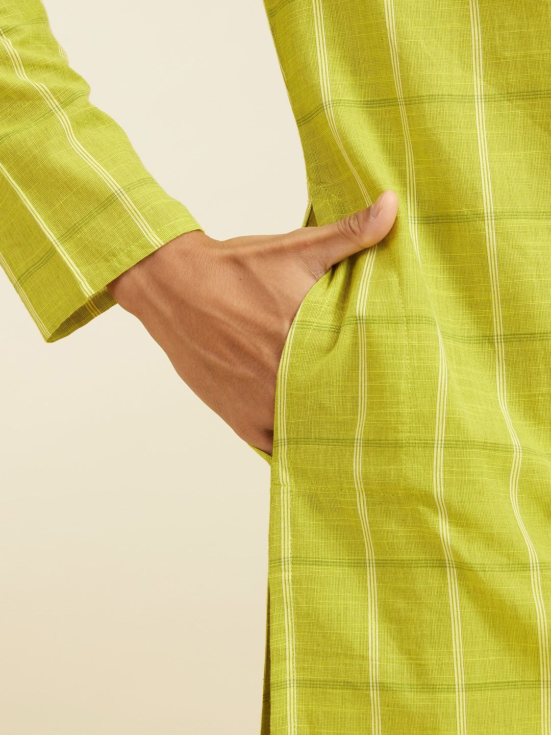 Diwas by Manyavar Checked Mandarin Collar Cotton Straight Kurta - Image 6