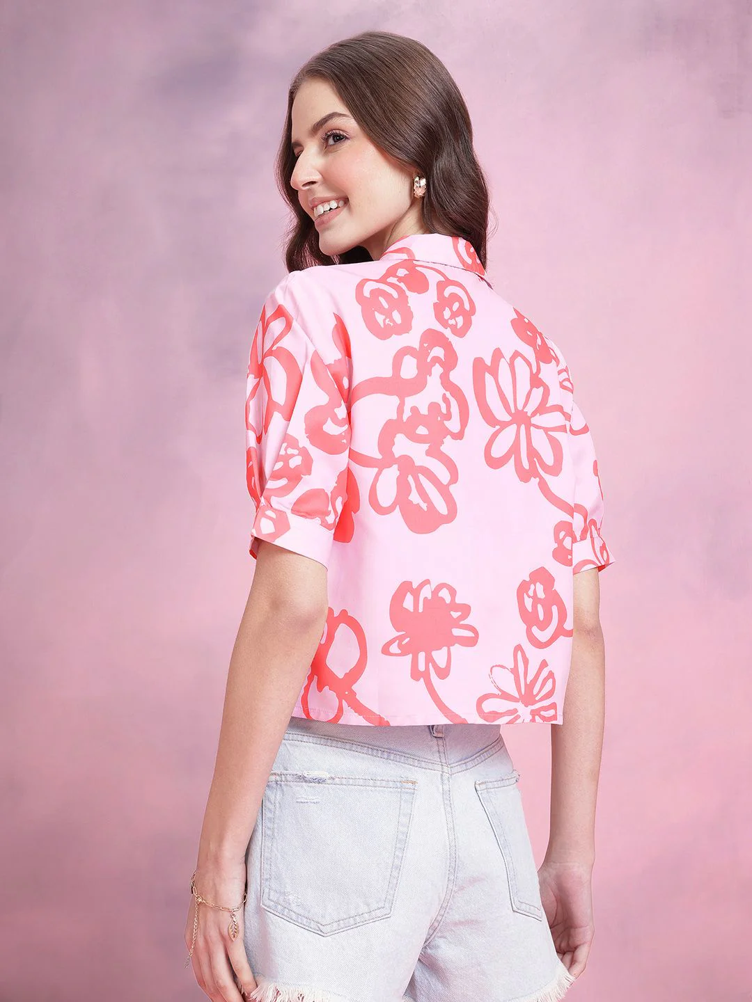 DressBerry Abstract Print Puff Sleeves Shirt Style Top - Image 4