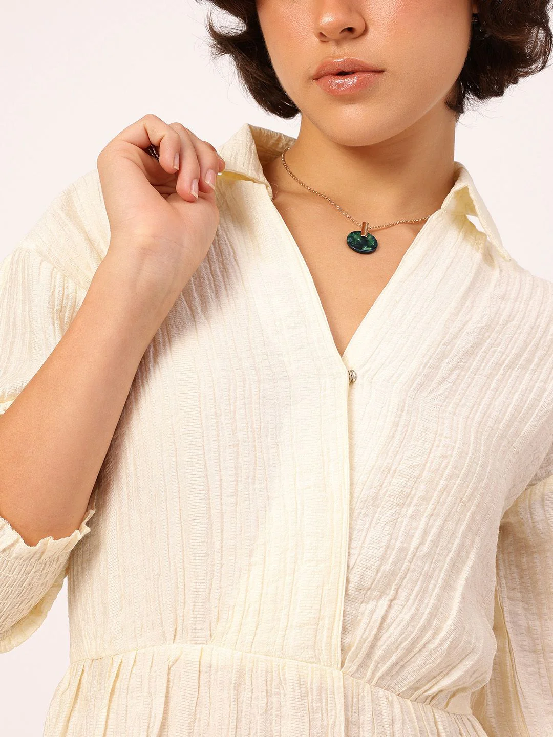 DressBerry Adorable Allure Crinkled Textured Tiered Mini Shirt Style Dress - Image 3