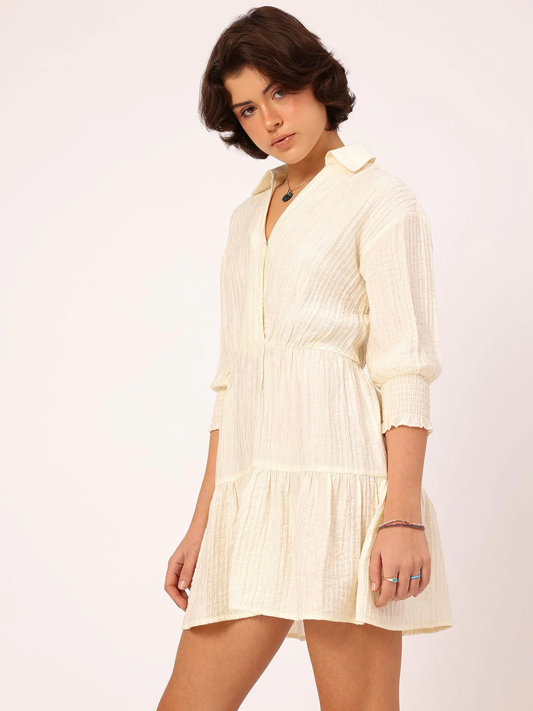 DressBerry Adorable Allure Crinkled Textured Tiered Mini Shirt Style Dress - Image 4