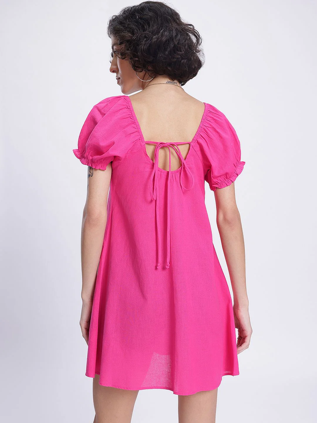 DressBerry Barbiecore Puff Sleeve Tie-Up Back A-Line Mini Dress - Image 6