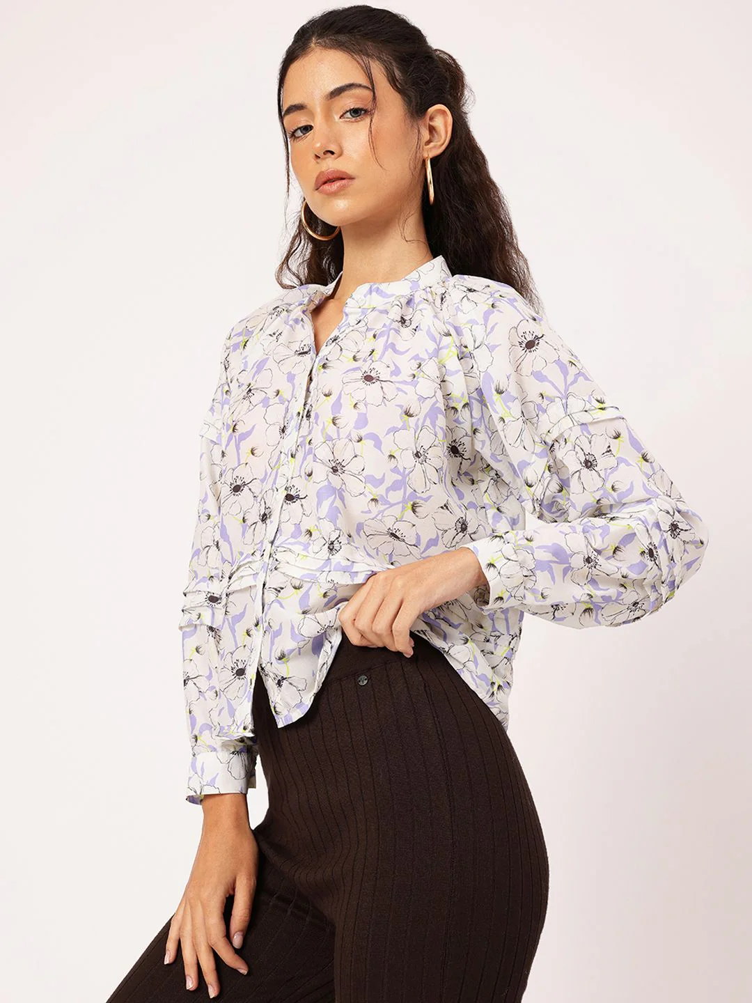 DressBerry Blooming Brilliant Floral Print Pleated Shirt Style Top - Image 5