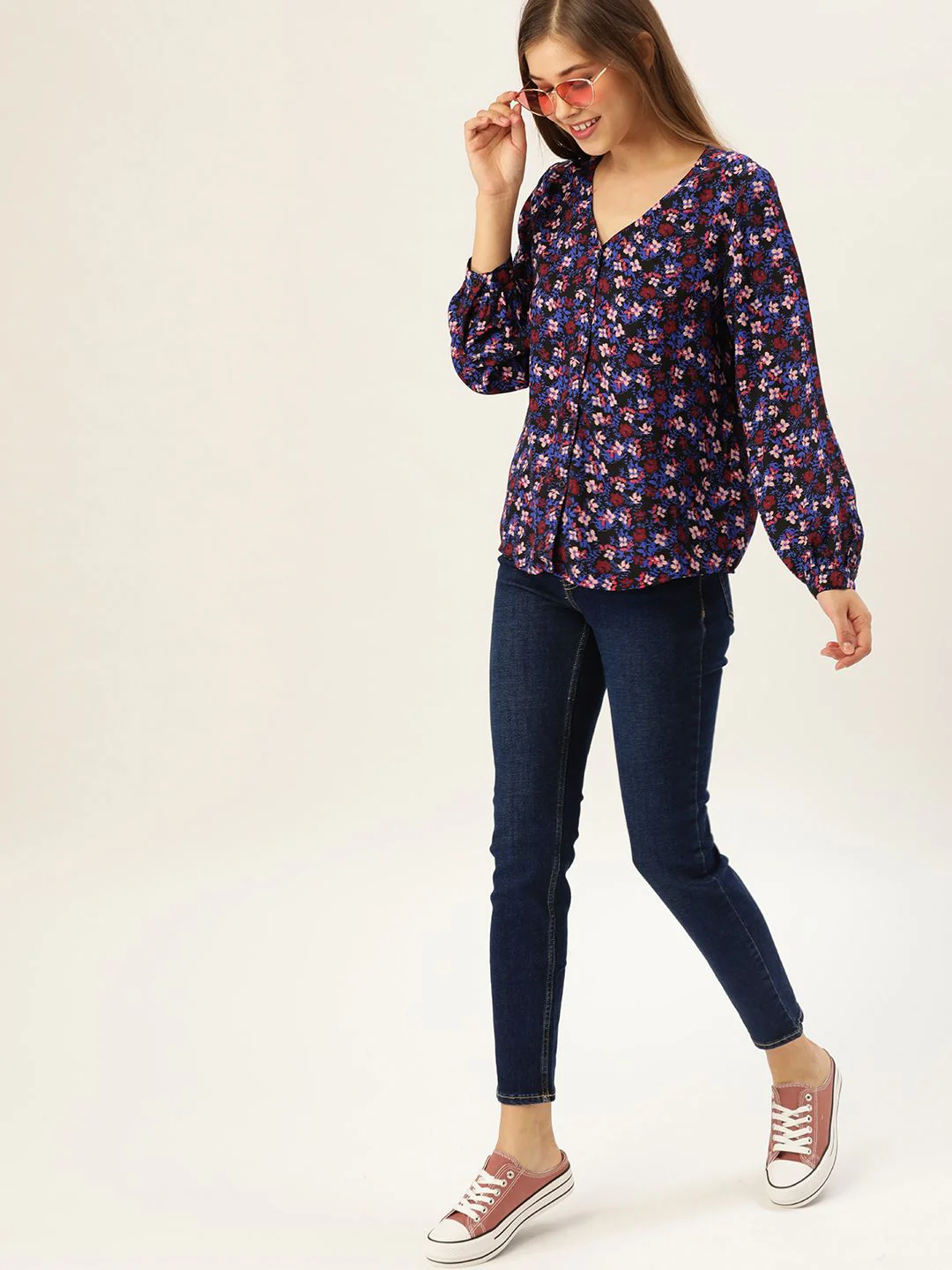 DressBerry Blue & Pink Floral V-Neck Top - Image 4