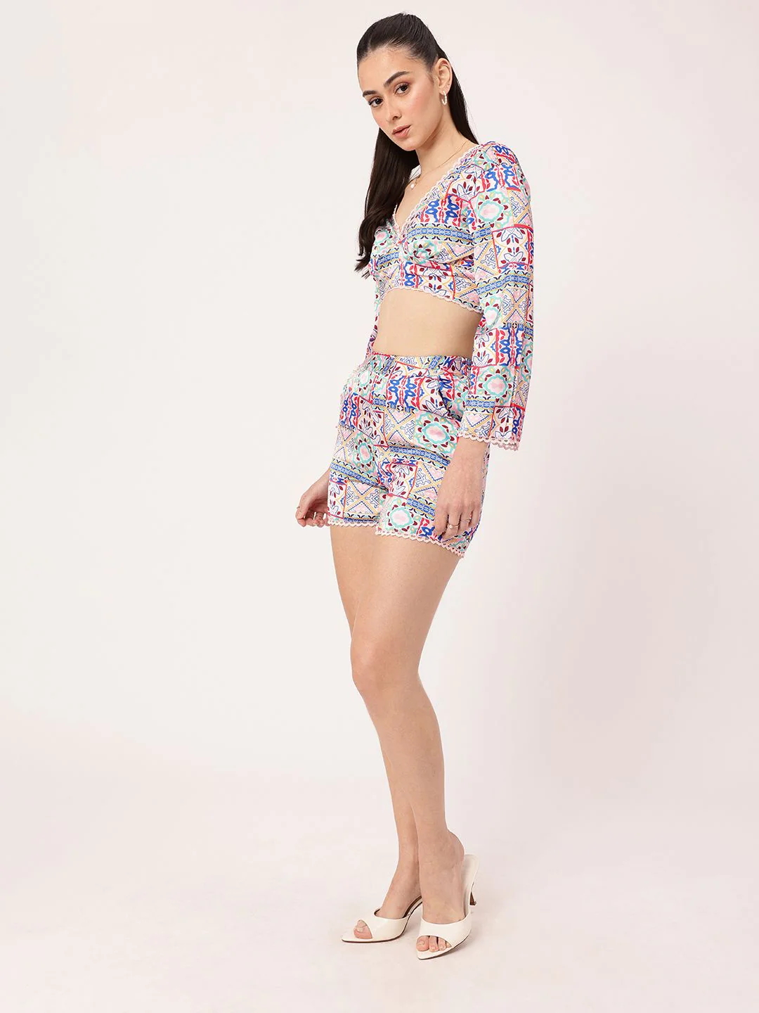 DressBerry Bohemian Bliss Ethnic Motifs Printed Satin Finish Crop Top With Shorts - Image 2