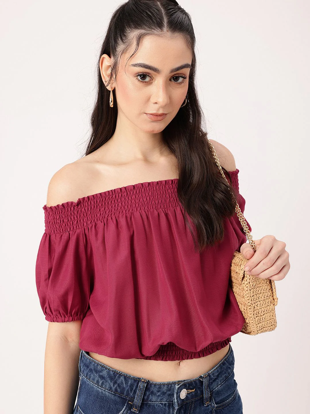 DressBerry Boho Chic Off Shoulder Smocked Blouson Crop Top - Image 2