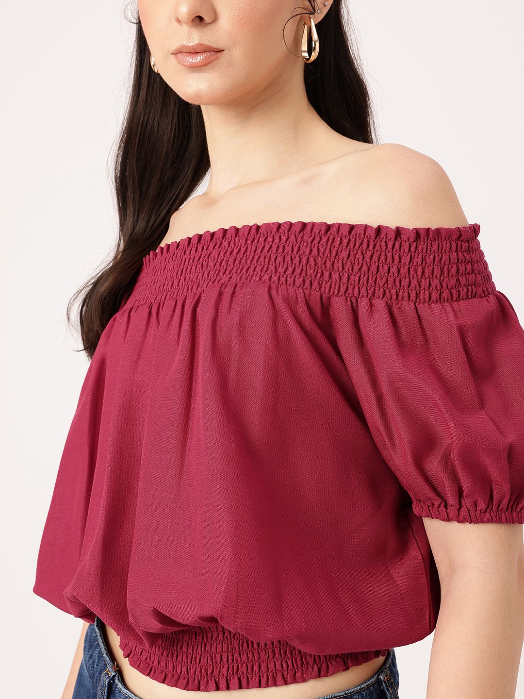 DressBerry Boho Chic Off Shoulder Smocked Blouson Crop Top - Image 5
