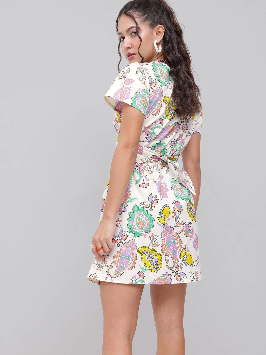 DressBerry Buta Motif Print Tie-Up Neck With Wrap Style Cut Out Detail A-Line Mini Dress - Image 3