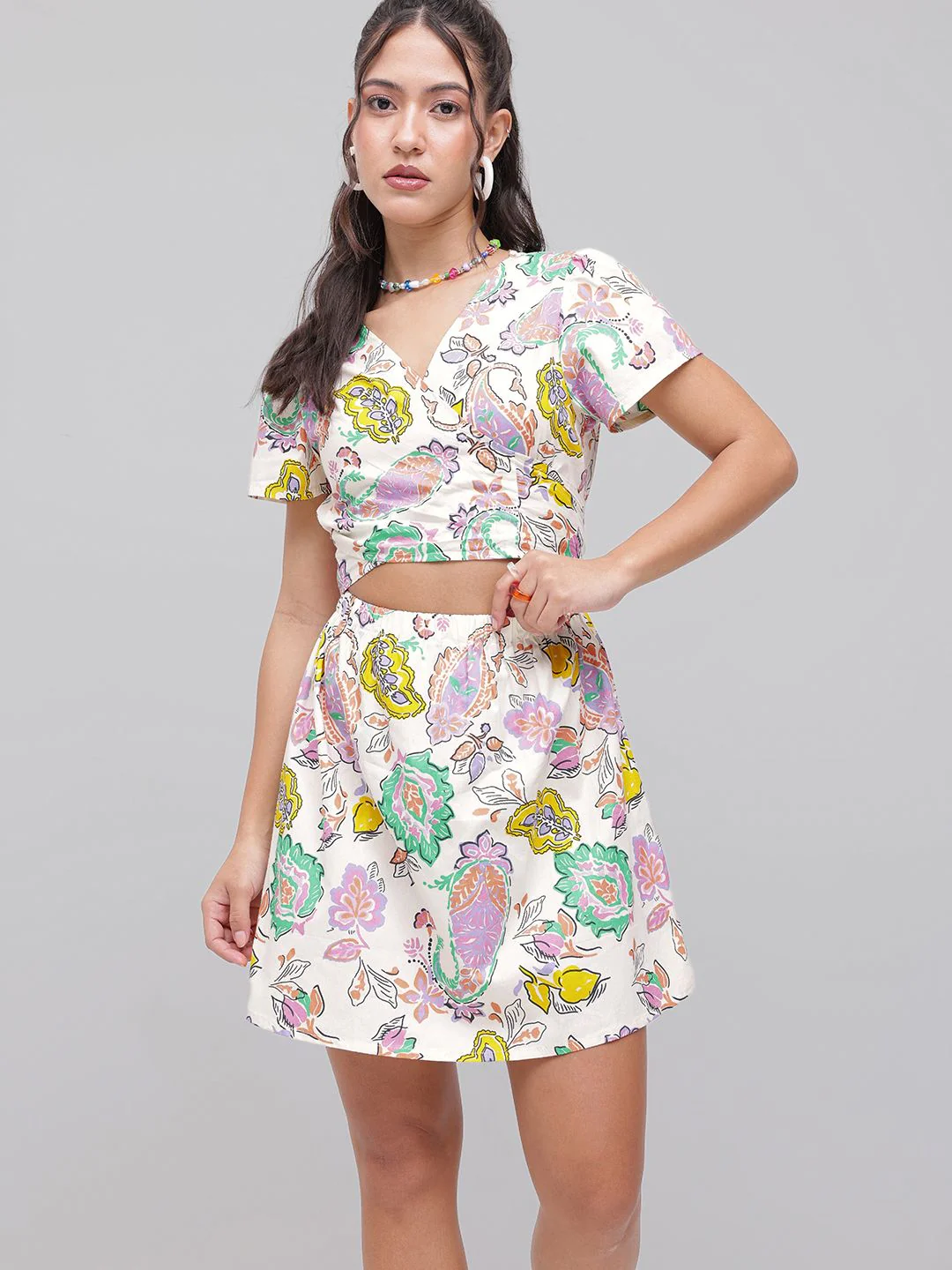 DressBerry Buta Motif Print Tie-Up Neck With Wrap Style Cut Out Detail A-Line Mini Dress - Image 4