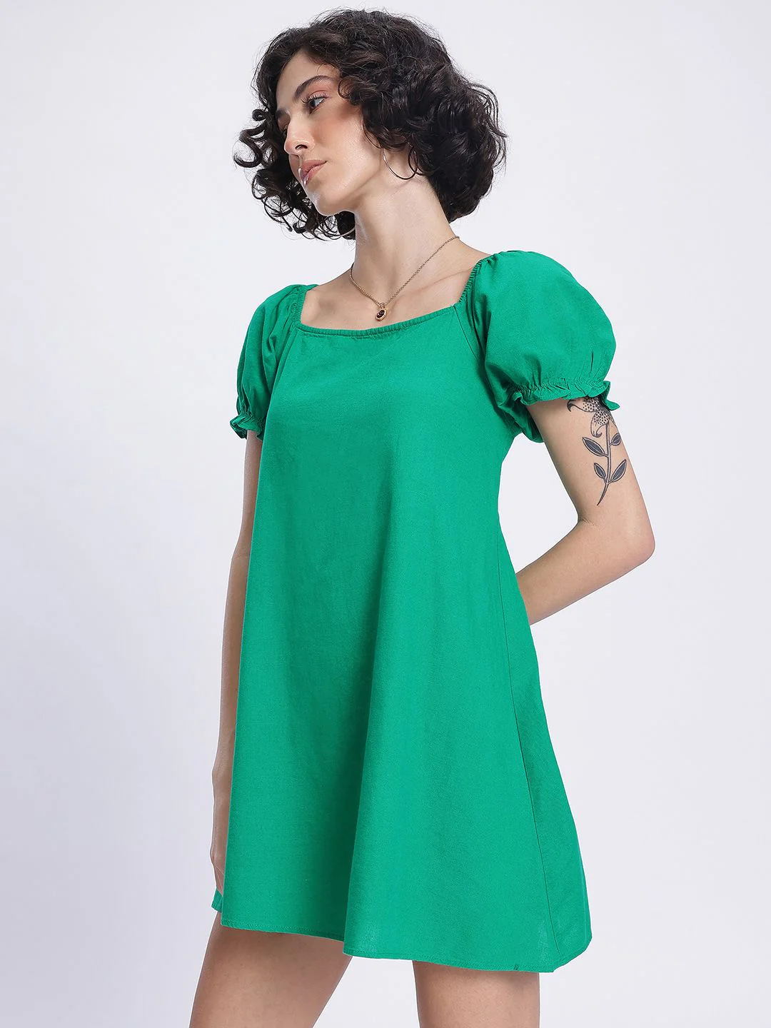 DressBerry Casual Essentials Puff Sleeve Tie-Up Back A-Line Mini Dress - Image 4