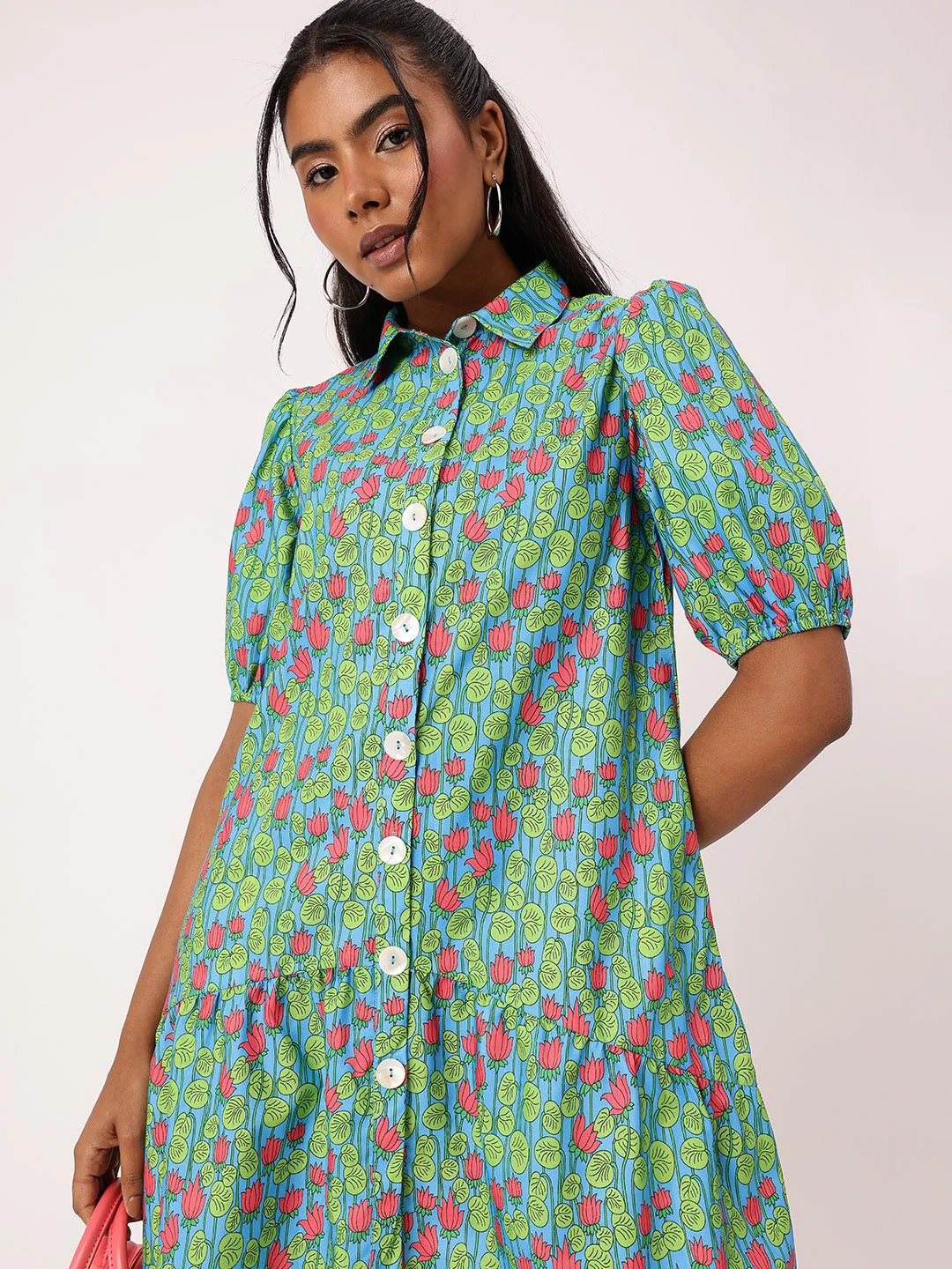 DressBerry Charming Floral Print Puffed Gathers Shirt Style Mini Dress - Image 3