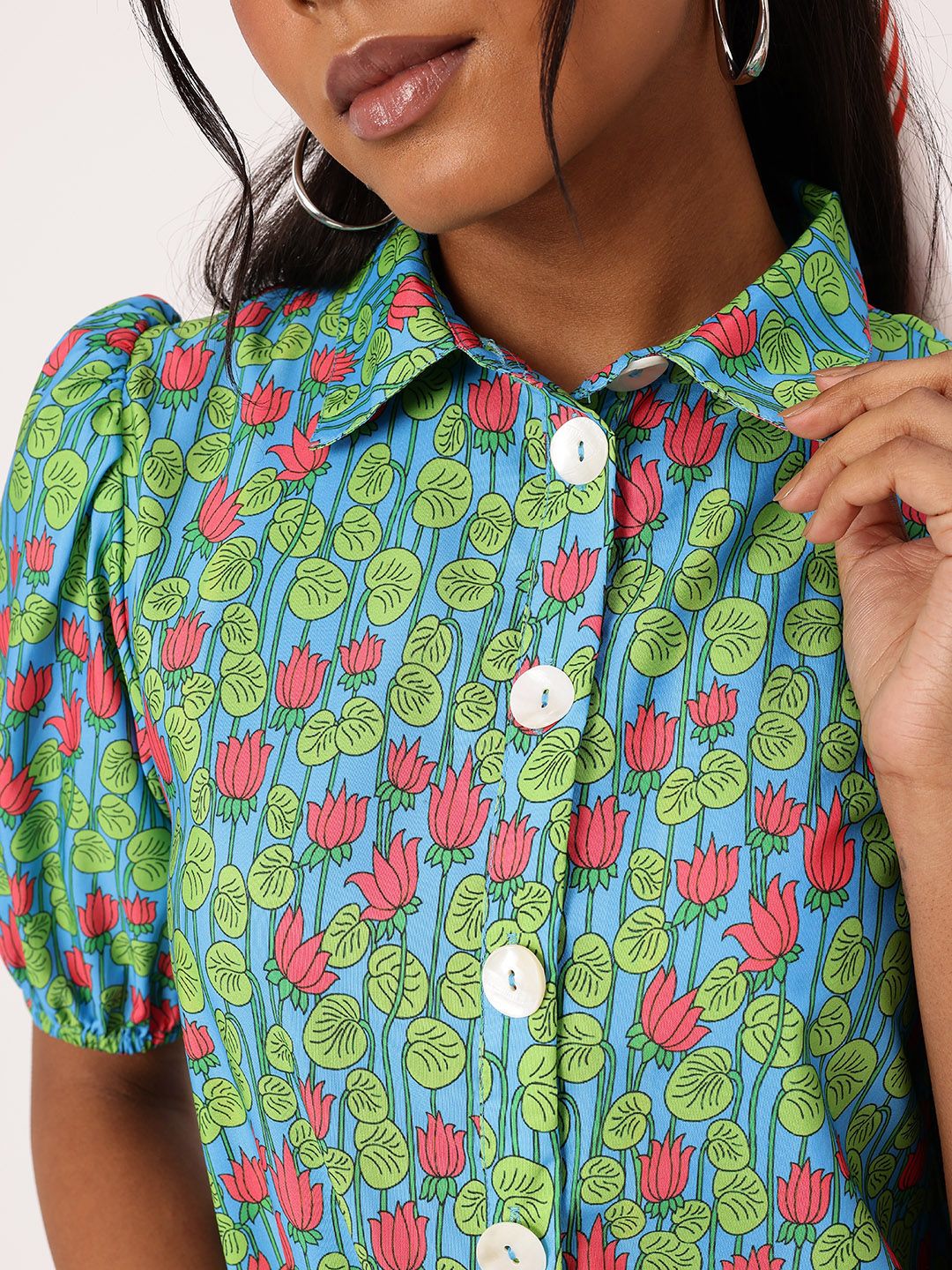 DressBerry Charming Floral Print Puffed Gathers Shirt Style Mini Dress - Image 4