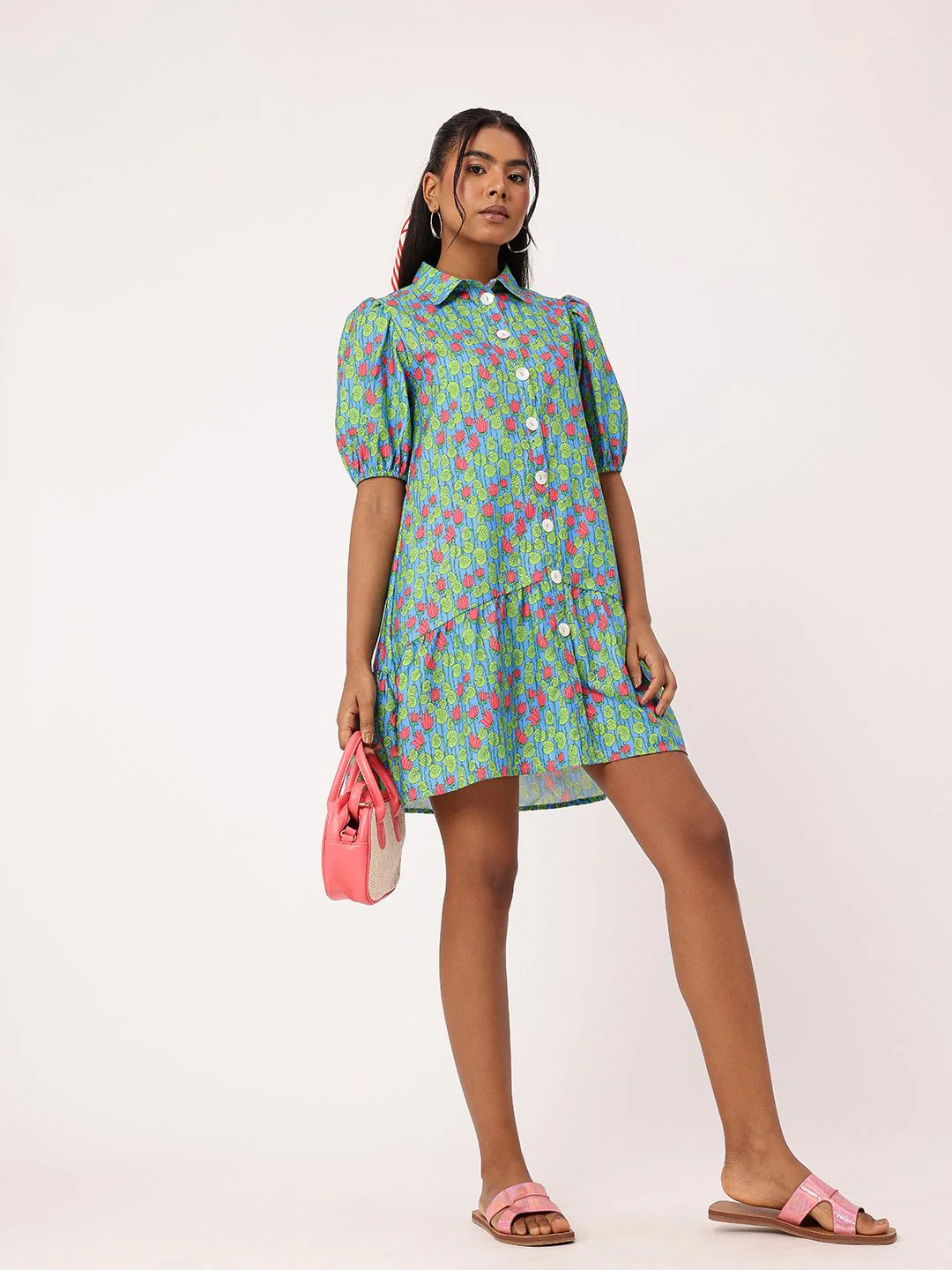 DressBerry Charming Floral Print Puffed Gathers Shirt Style Mini Dress - Image 6