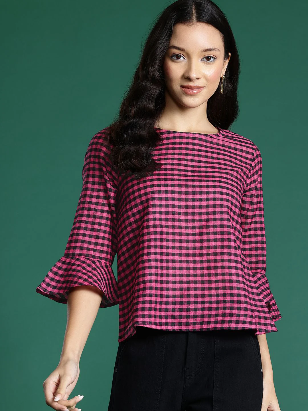 DressBerry Checked Bell Sleeves Top - Image 3