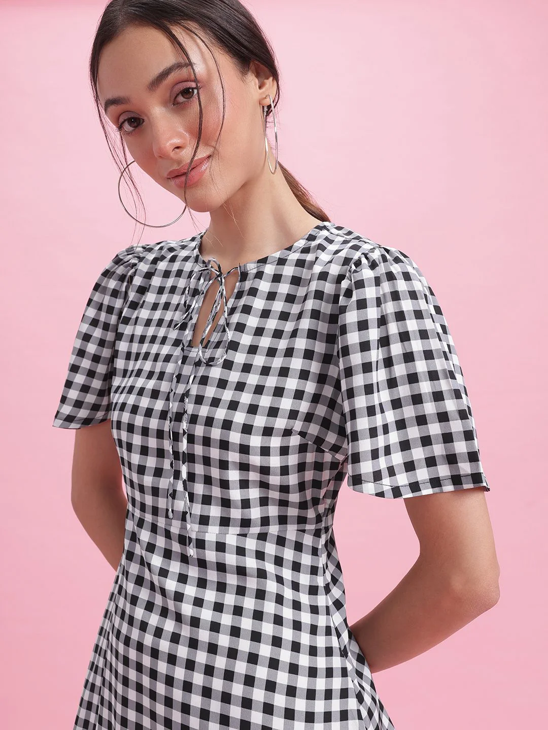 DressBerry Checked Tie-Up Neck Flared Sleeve Sheath Mini Dress - Image 2
