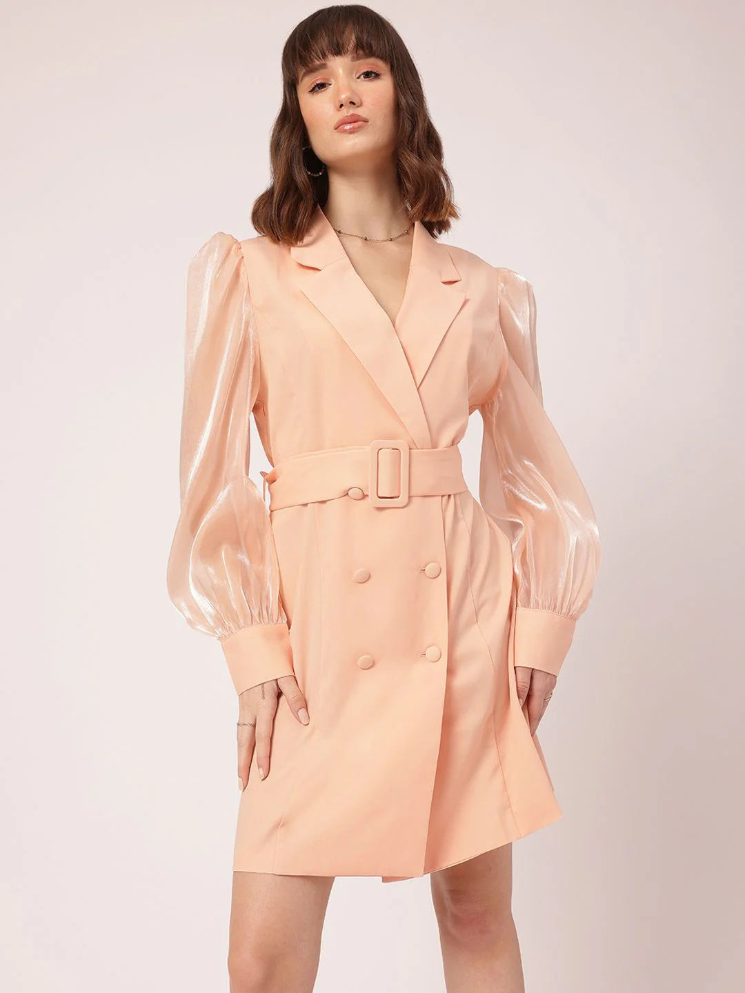 DressBerry Classy & Stylish Lapel Collar Puff Sleeves Belted Blazer Mini Dress - Image 2