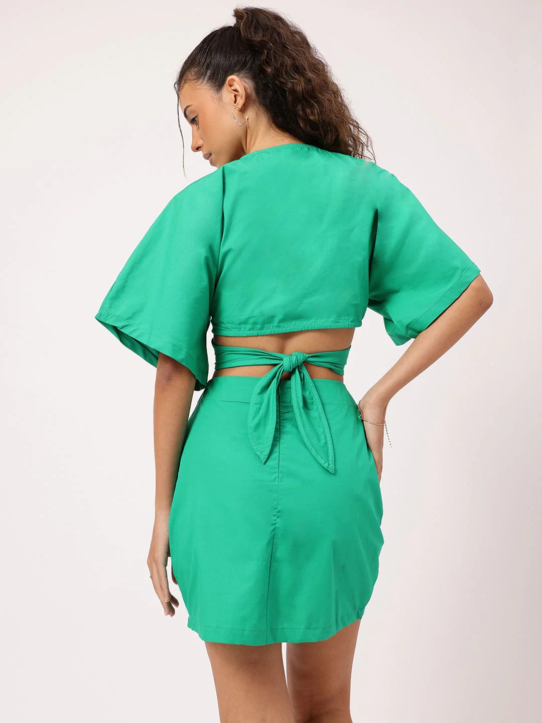 DressBerry Contemporary Flair Flared Sleeve Cut-Out Back Tie-Up Wrap Mini Dress - Image 4