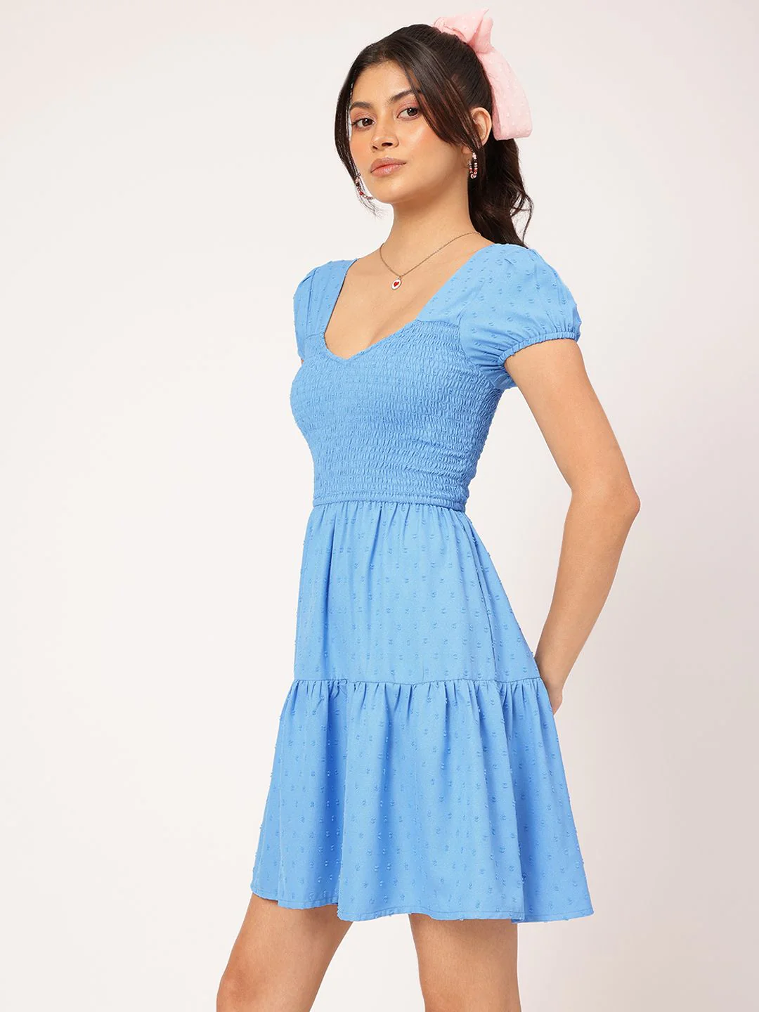 DressBerry Cute Femme Textured Tiered Smocked Mini Dress - Image 5