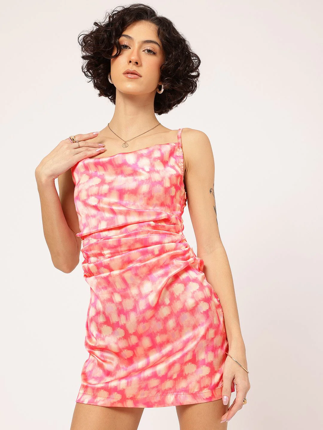 DressBerry Dainty Print Ruched Satin-Finish Mini Dress - Image 2
