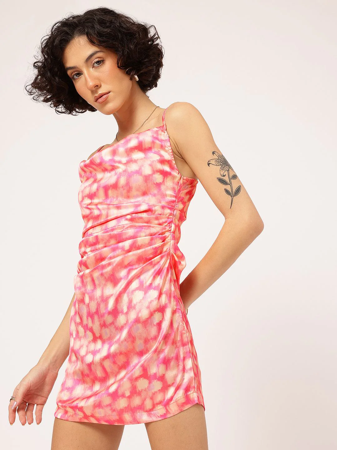 DressBerry Dainty Print Ruched Satin-Finish Mini Dress - Image 4
