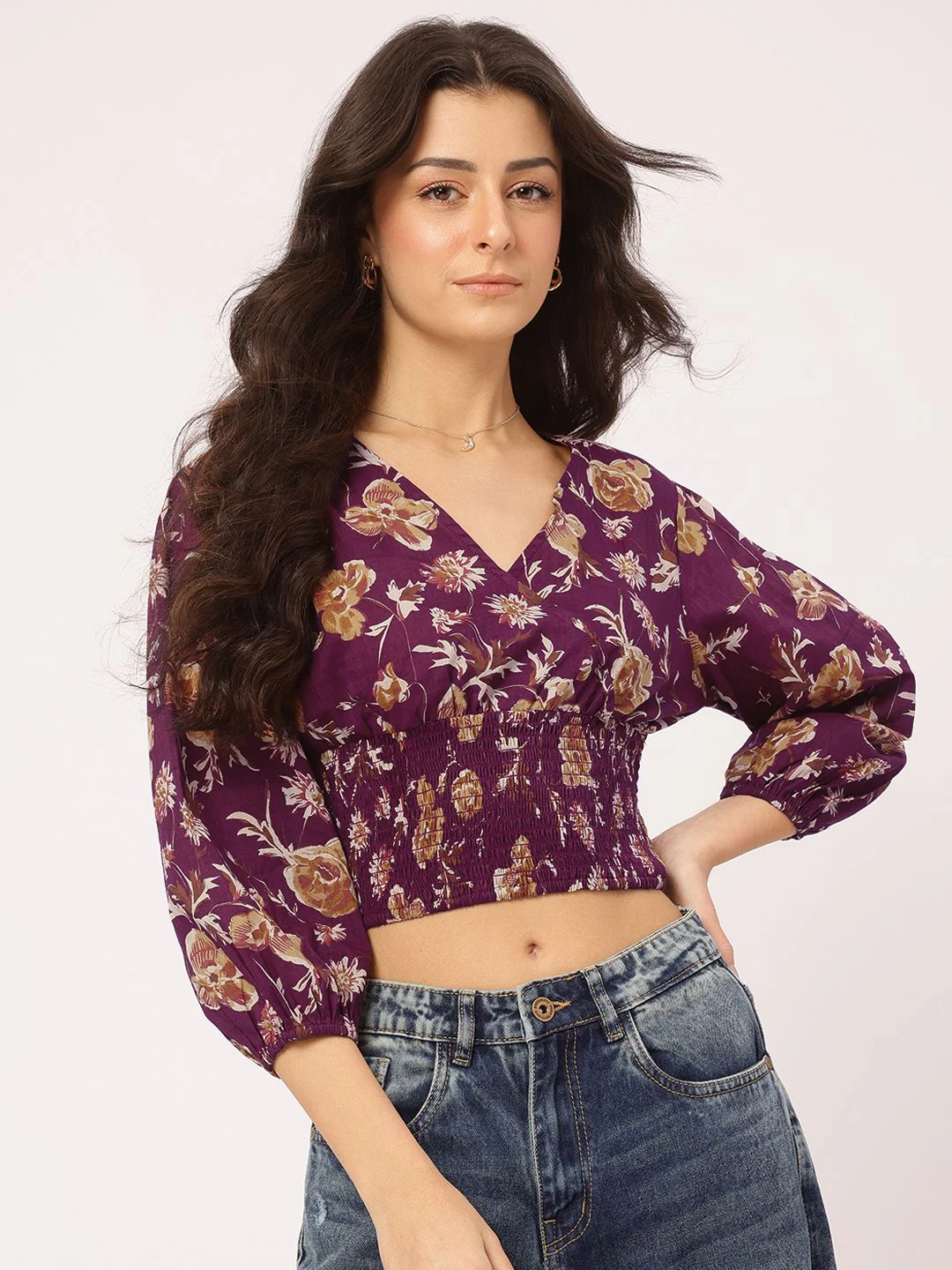 DressBerry Delicate Florals Wrap-Style Blouson Crop Top - Image 2