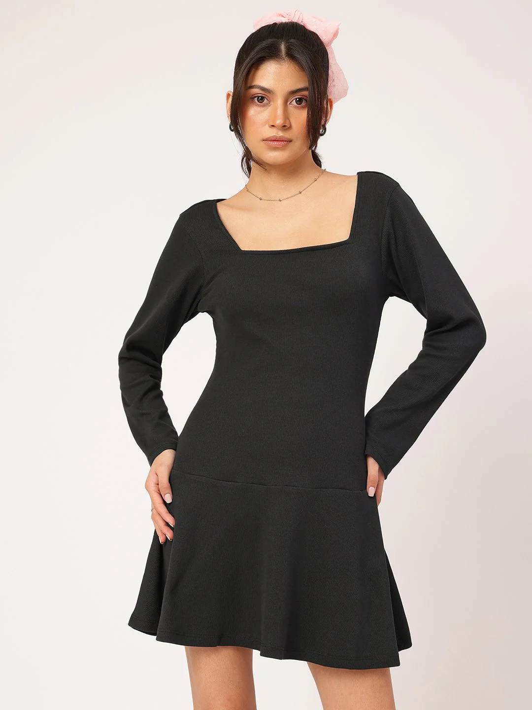 DressBerry Edgy Elegance Ribbed Drop-Waist Mini Dress - Image 2
